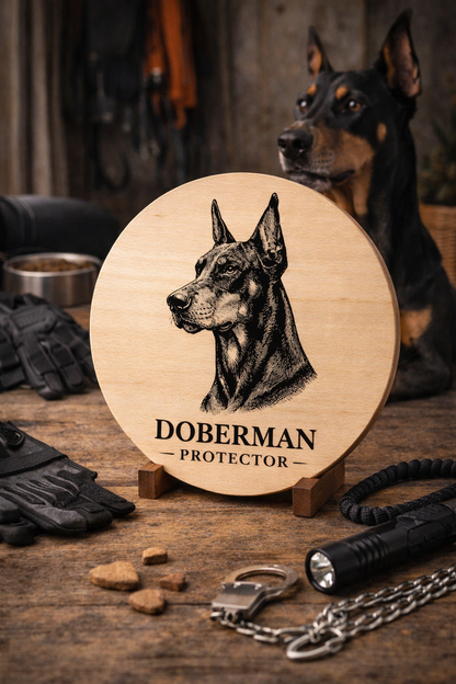 Drewniana deska z grawerem psa Doberman – okrągła deska dekoracyjna dla miłośników psów