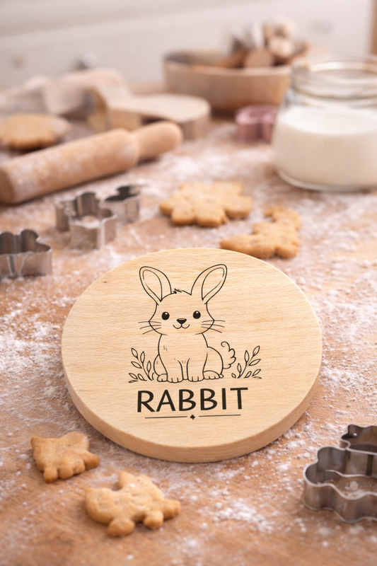 drewniana deseczka dziecięca z grawerem króliczka rabbit, deska drewniana 20 cm, kuchnia dziecięca