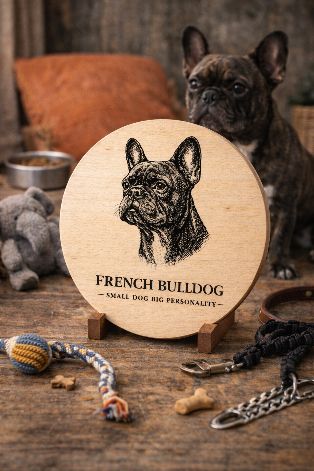 Drewniana deska z grawerem psa Buldog Francuski – okrągła deska dekoracyjna dla miłośników tej rasy