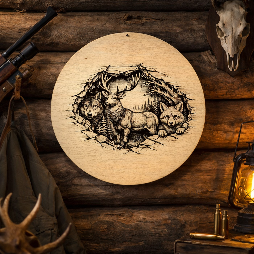 Drewniana okrągła deska z grawerem wilka, jelenia i lisa zawieszona na ścianie w rustykalnej myśliwskiej chacie – dekoracyjna deska z grawerem w stylu leśnym.