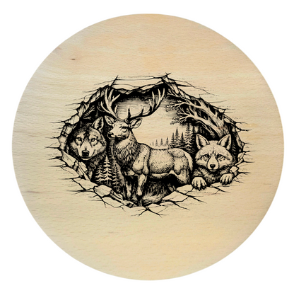 Okrągła drewniana deska z grawerem zwierząt leśnych – wilk, jeleń i lis – dekoracja ścienna w rustykalnej chacie myśliwskiej.