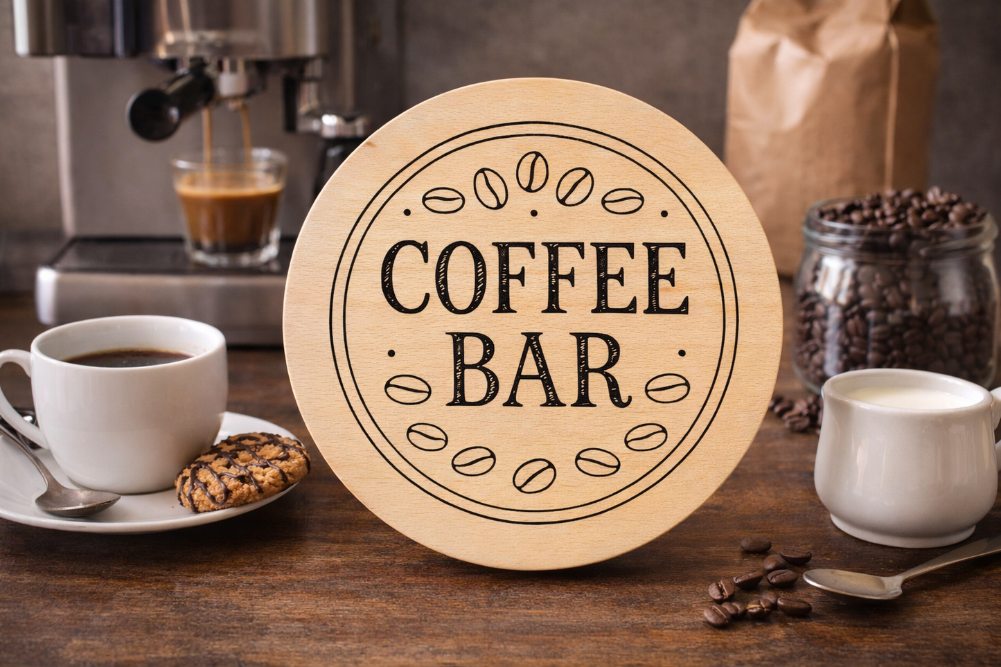 Bukowa deska z grawerem COFFEE BAR – okrągła deska do serwowania 20 cm