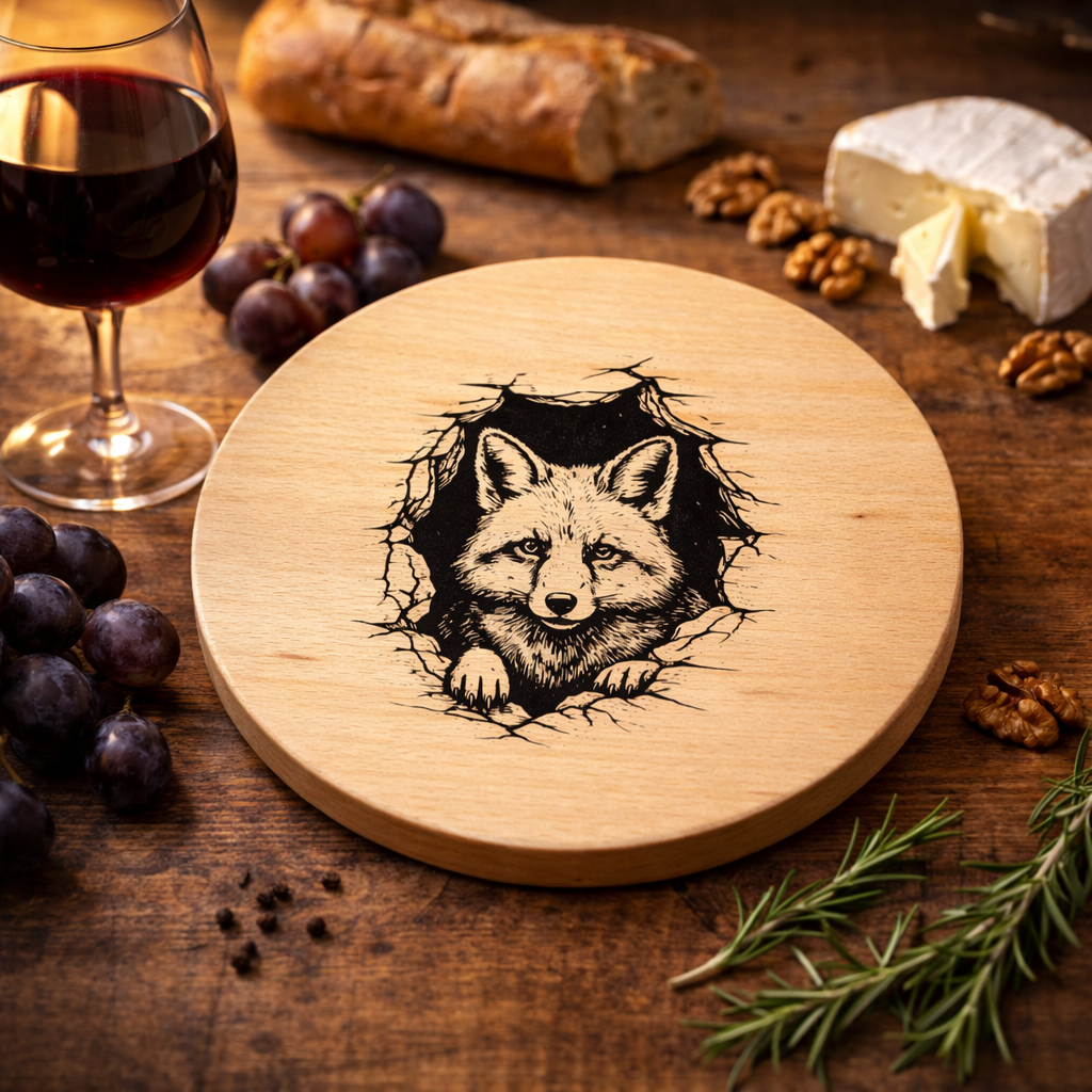 Beech board with fox engraving - round wooden board 20 cm