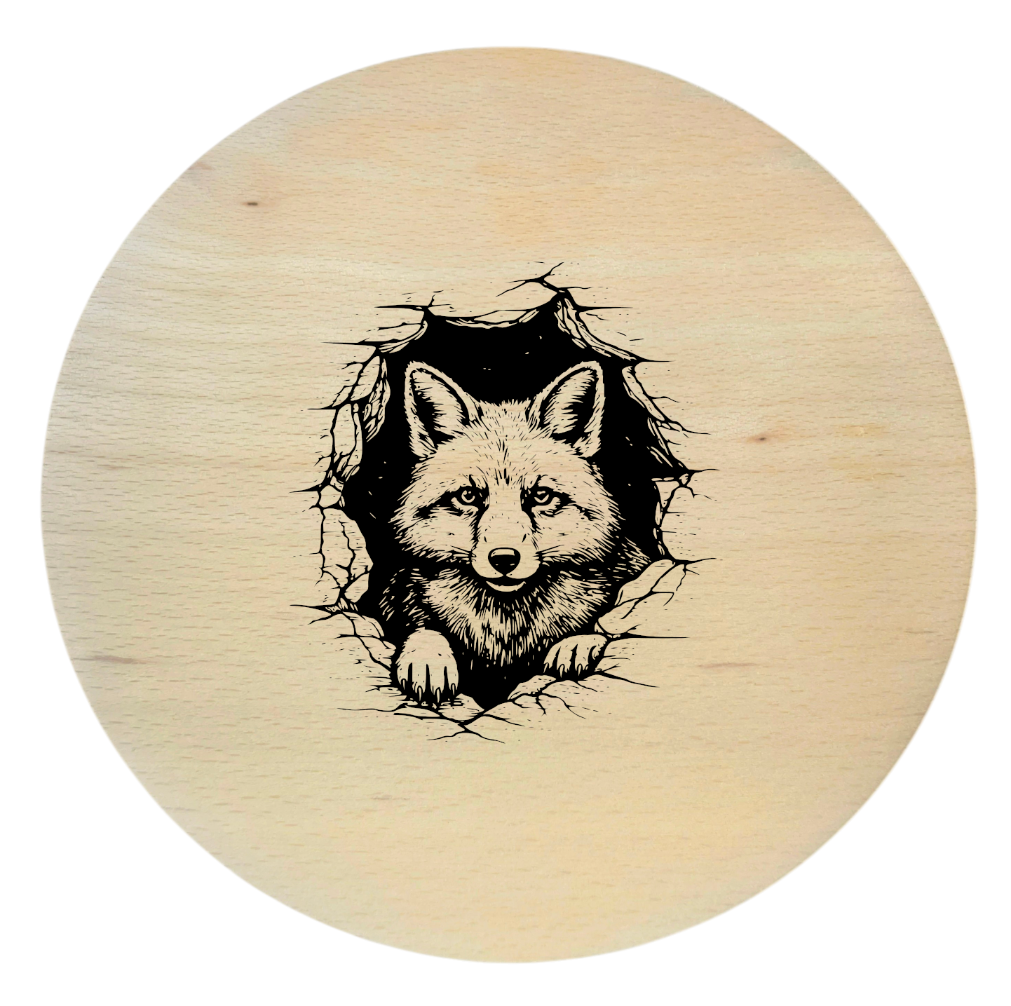 okrągła deska drewniana z grawerem lisa używana do serwowania sera i wina