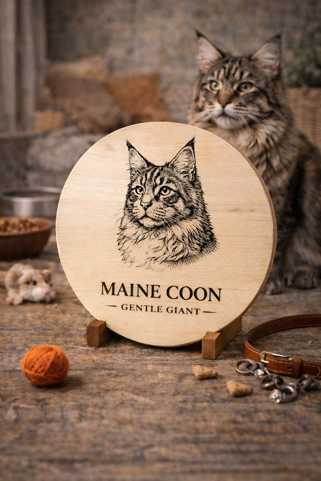 Drewniana deska z grawerem kota Maine Coon – okrągła deska dekoracyjna dla miłośników tej rasy