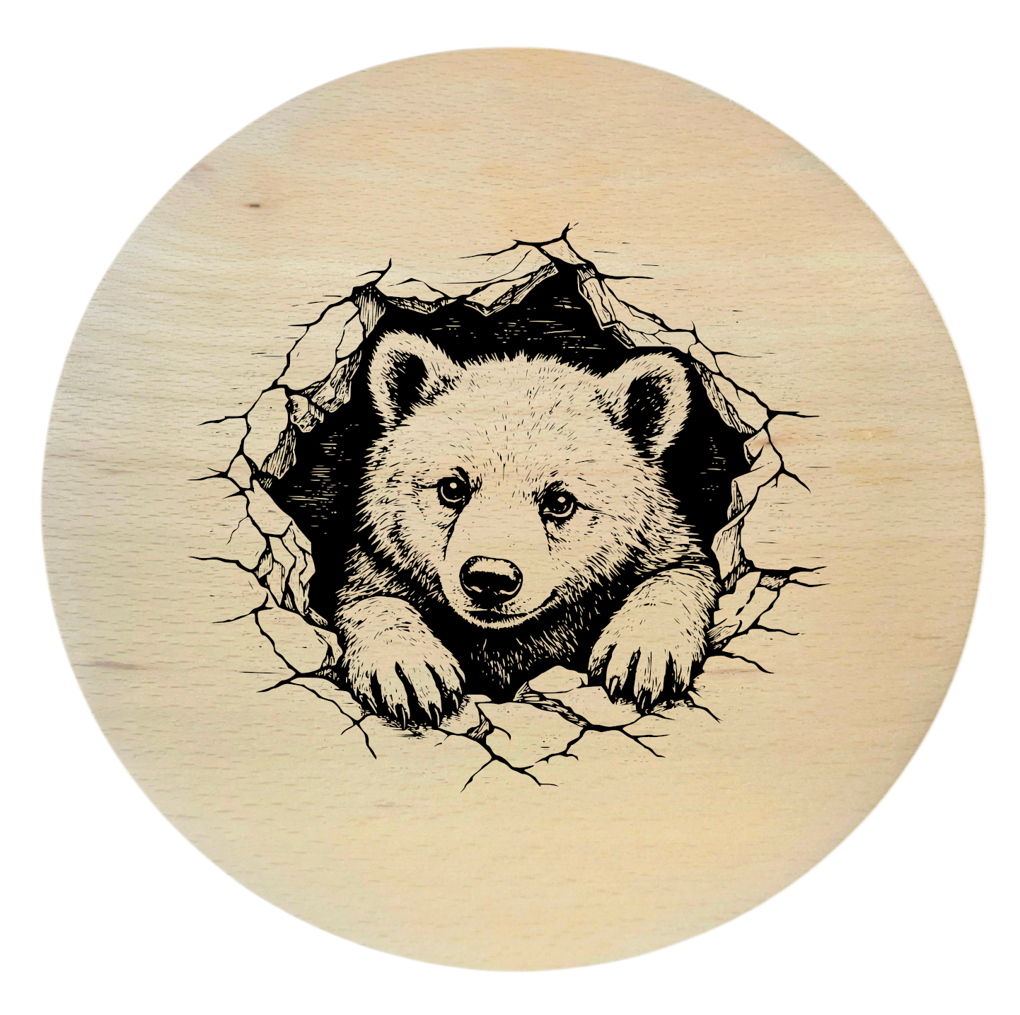 Drewniana okrągła deska dekoracyjna z grawerem niedźwiedzia – rustykalna ozdoba ścienna z drewna bukowego 20 cm w naturalnym stylu leśnym