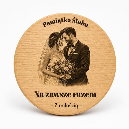 Deska bukowa z grawerem – własne zdjęcie i napis (Szablon 1)