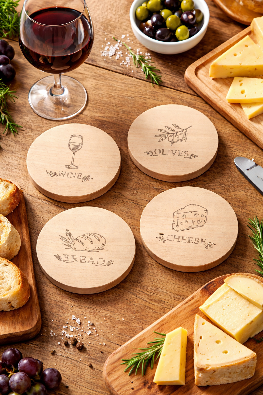 Drewniane podkładki pod kubki z grawerem wine bread cheese olives na rustykalnym stole z winem, serem i oliwkami