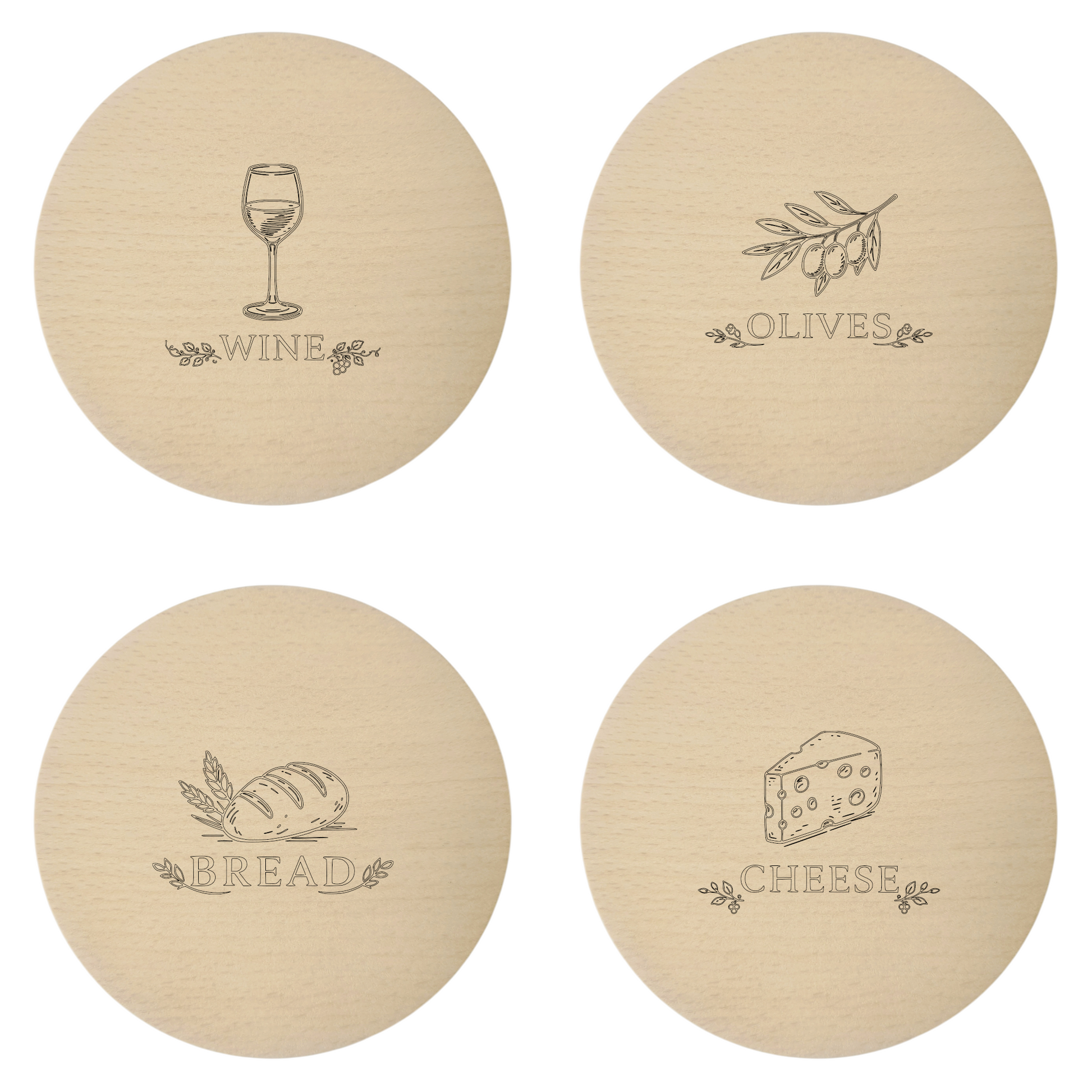 Drewniane podkładki pod kubek z grawerem WINE, BREAD, CHEESE i OLIVES – zestaw podkładek z drewna bukowego