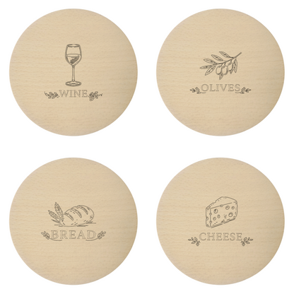 Drewniane podkładki pod kubek z grawerem WINE, BREAD, CHEESE i OLIVES – zestaw podkładek z drewna bukowego