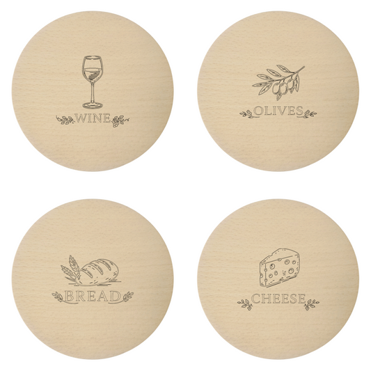 Drewniane podkładki pod kubek z grawerem WINE, BREAD, CHEESE i OLIVES – zestaw podkładek z drewna bukowego