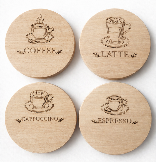 Zestaw czterech drewnianych podkładek pod kubek z grawerem kawowym – Coffee, Latte, Cappuccino i Espresso, średnica 10 cm, drewno bukowe
