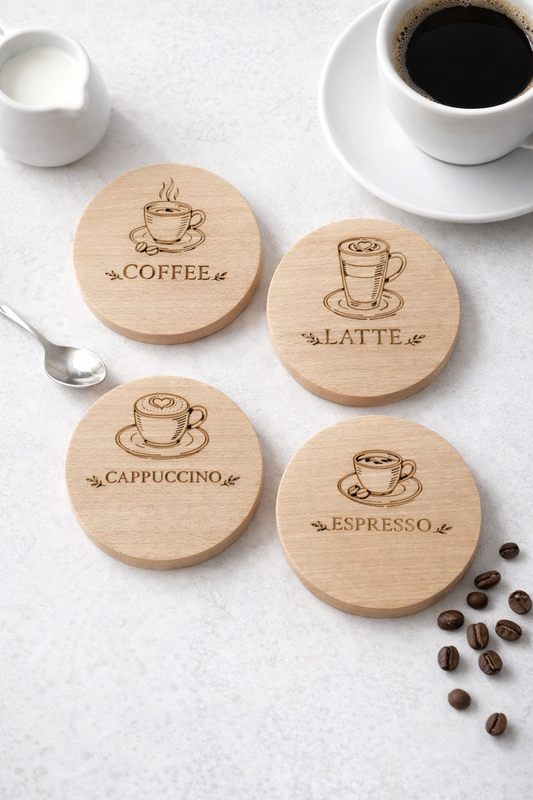 Zestaw drewnianych podkładek pod kawę z grawerem Coffee Latte Cappuccino Espresso w aranżacji z filiżanką kawy