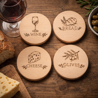 Drewniane podkładki pod kubki z grawerem wine bread cheese olives na rustykalnym stole z winem, serem i oliwkami