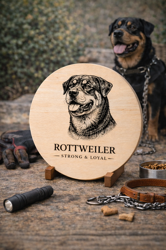 Drewniana deska z grawerem psa Rottweiler na rustykalnym stole z akcesoriami dla psa
