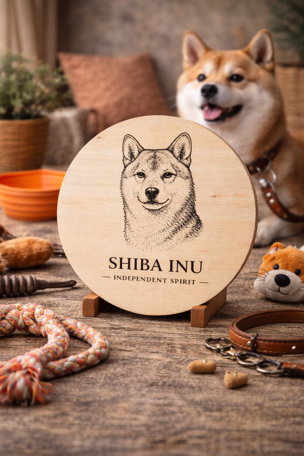 Drewniana deska z grawerem psa Shiba Inu na rustykalnym stole z akcesoriami dla psa