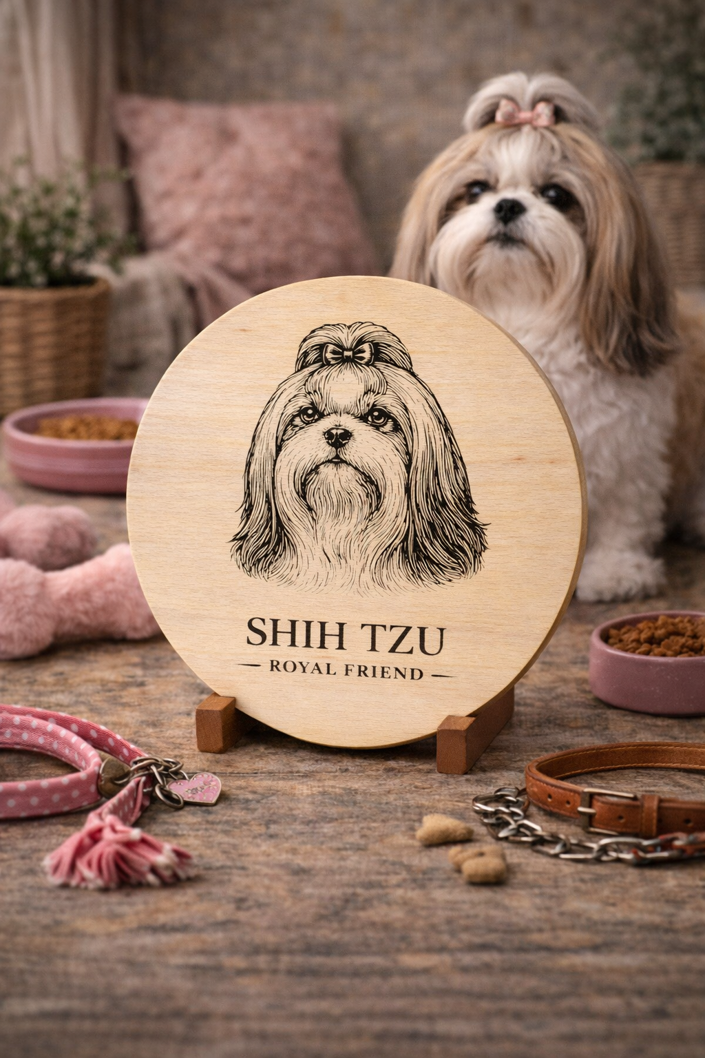 Drewniana deska z grawerem psa Shih Tzu na rustykalnym stole z akcesoriami dla psa