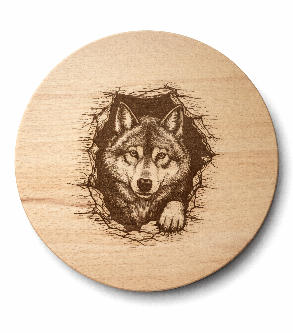 alt="Okrągła deska bukowa z grawerem wilka – drewniana deska z motywem zwierząt leśnych"