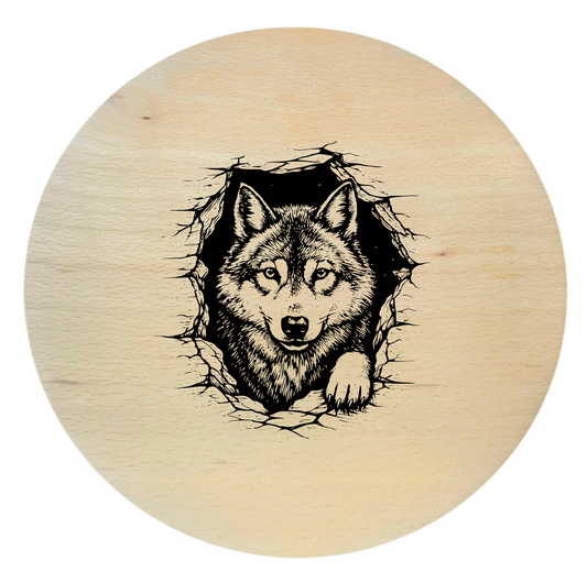 Okrągła deska bukowa z grawerem wilka – drewniana deska z motywem zwierząt leśnych