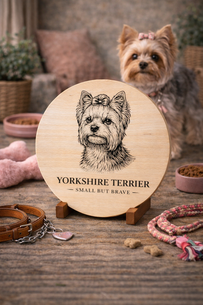 Drewniana deska z grawerem psa Yorkshire Terrier na rustykalnym stole z akcesoriami dla psa